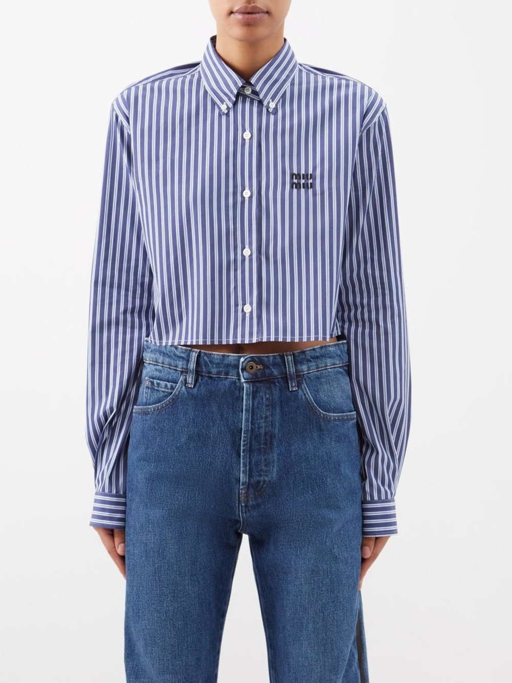 Authentic MIU MIU
Faux Leather-Patch Striped Cotton-Poplin Shirt - Picture 6 of 7